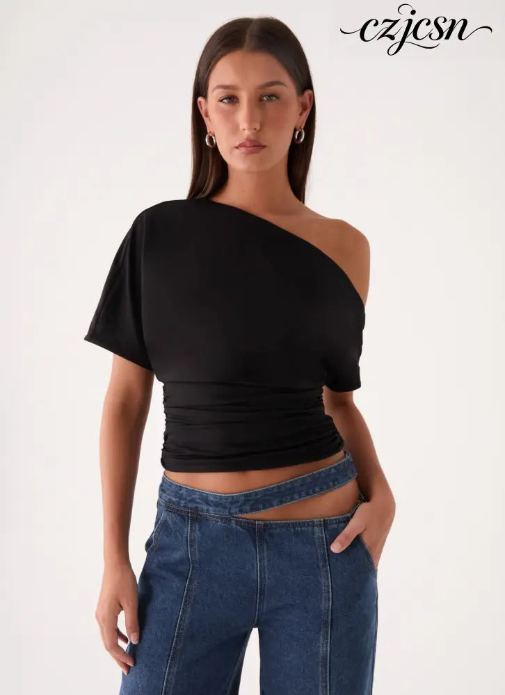 Janni Off Shoulder Top - Black - One Shoulder Tops