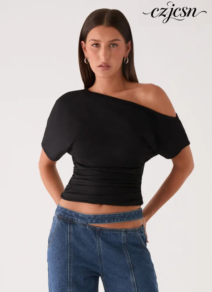 Janni Off Shoulder Top - Black - One Shoulder Tops