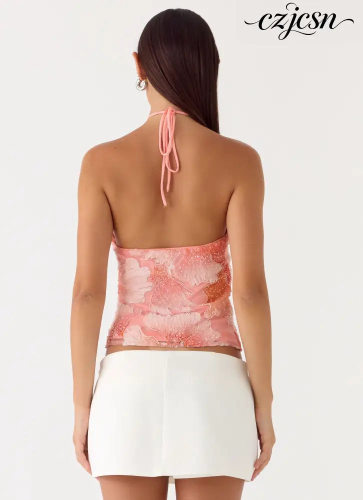 Julienne Beaded Top - Coral - Halter Tops