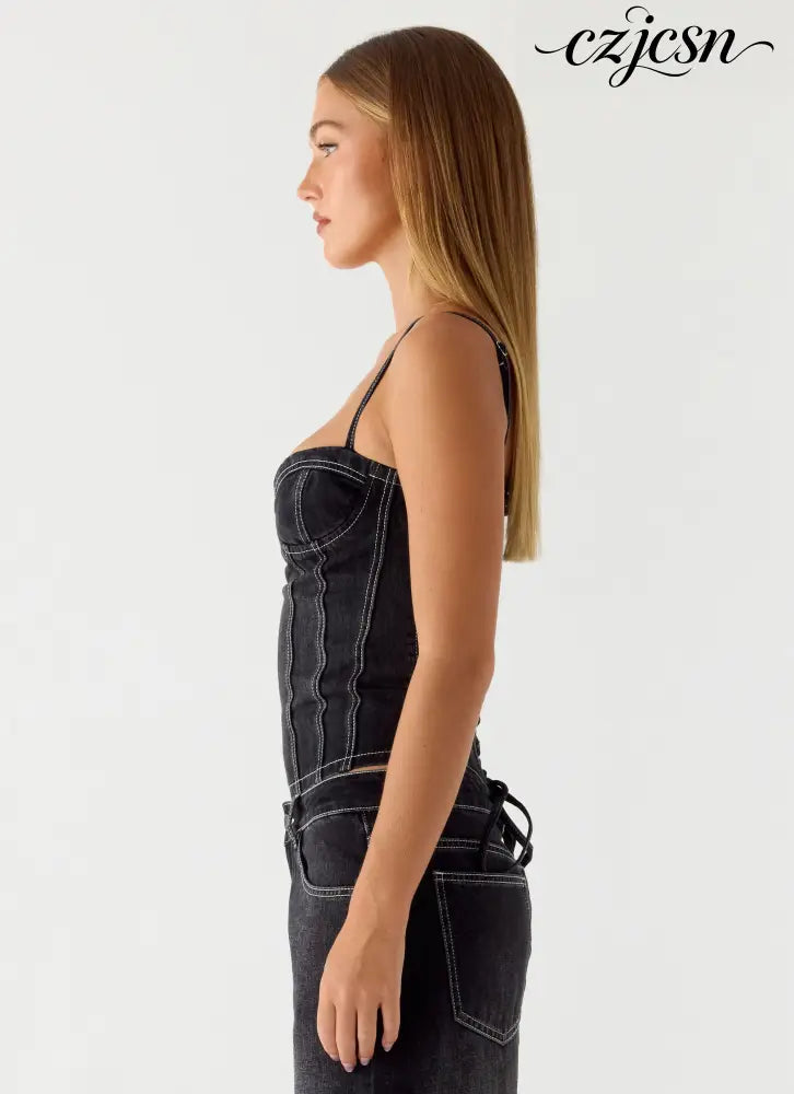 Nathan Denim Corset Top - Washed Black - Bustier Tops