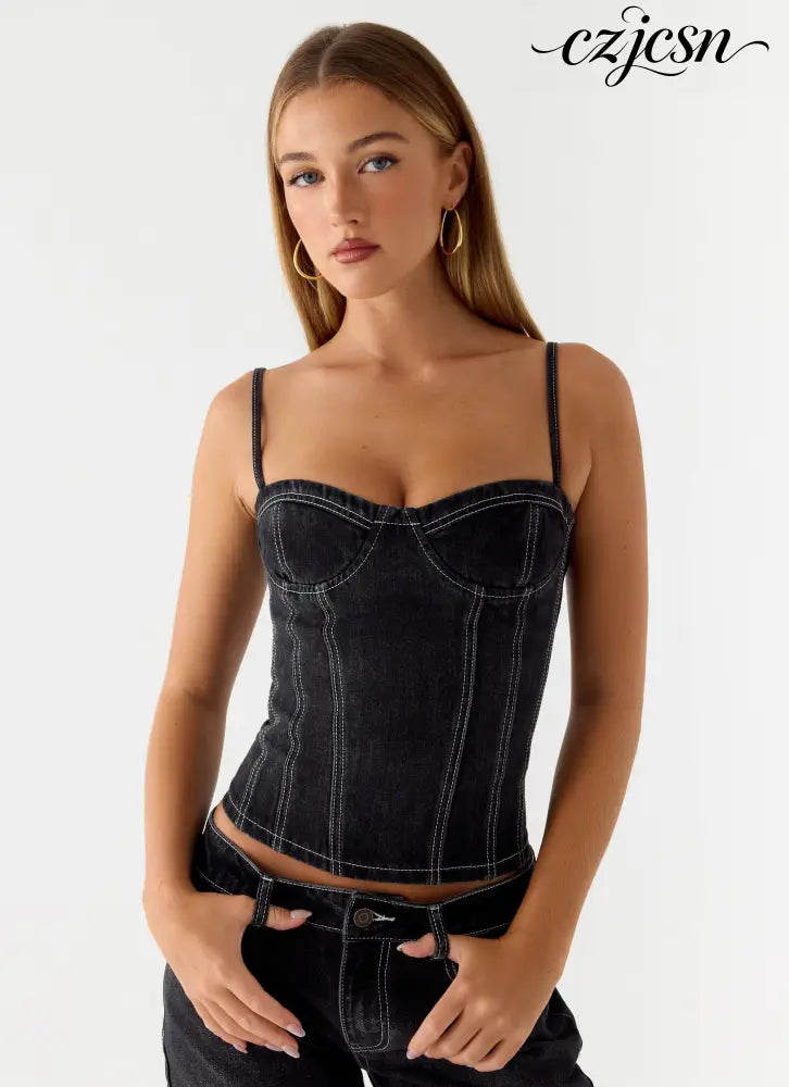 Nathan Denim Corset Top - Washed Black - Bustier Tops