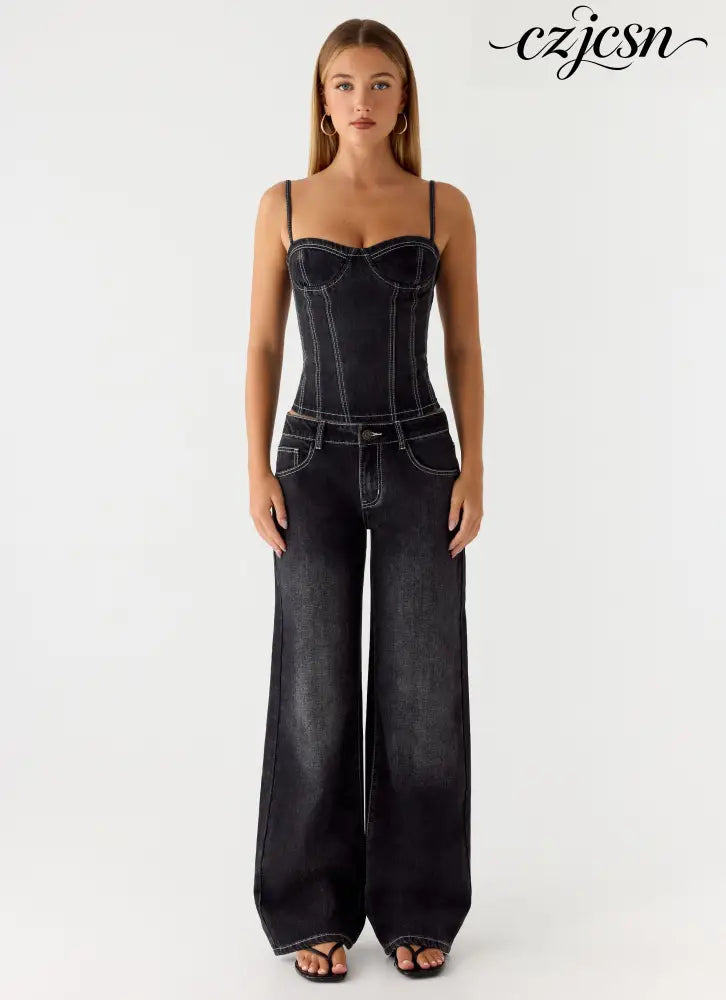 Nathan Denim Corset Top - Washed Black - Bustier Tops