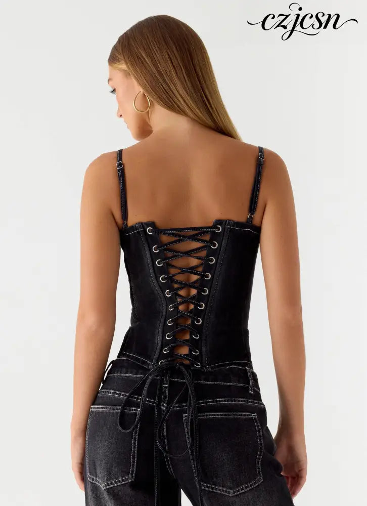 Nathan Denim Corset Top - Washed Black - Bustier Tops