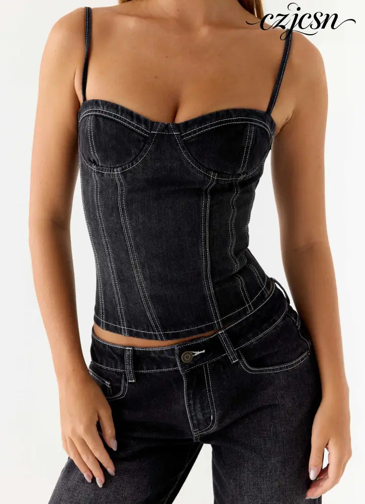 Nathan Denim Corset Top - Washed Black - Bustier Tops