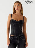 Nathan Denim Corset Top - Washed Black - Bustier Tops