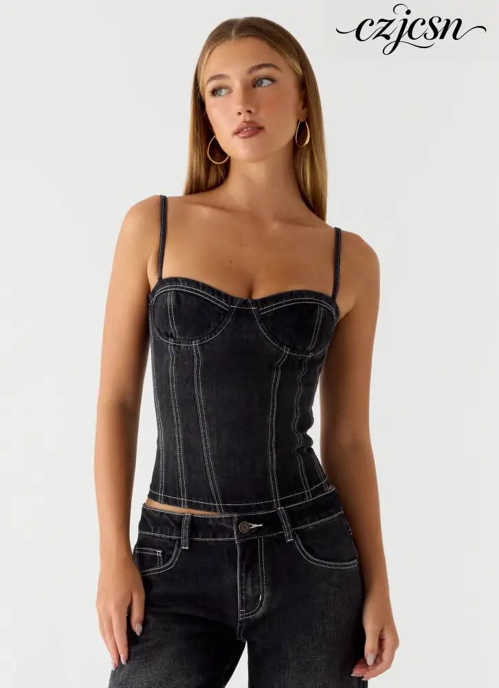 Nathan Denim Corset Top - Washed Black - Bustier Tops