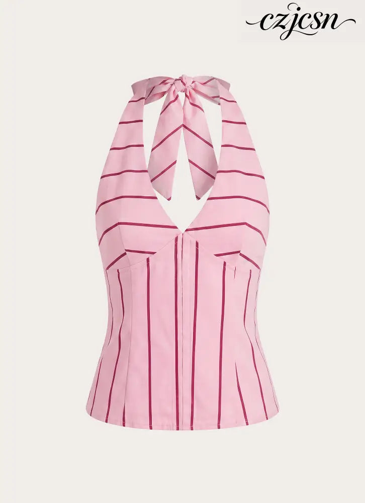 Rhydan Halter Top - Strawberry Stripe - Halter Tops