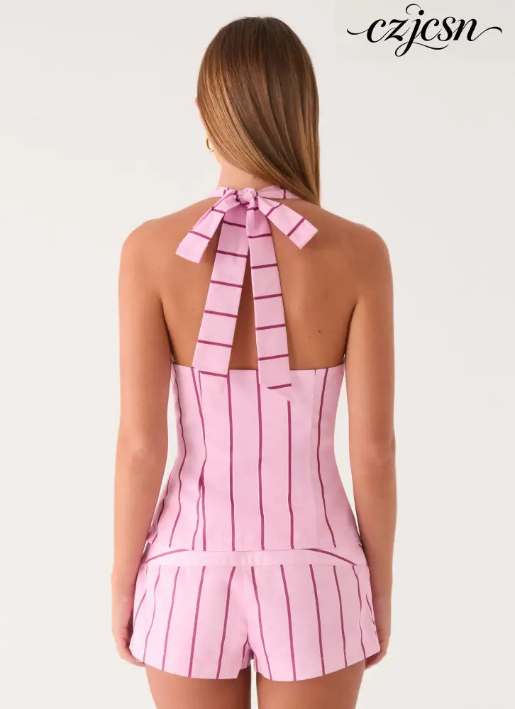 Rhydan Halter Top - Strawberry Stripe - Halter Tops