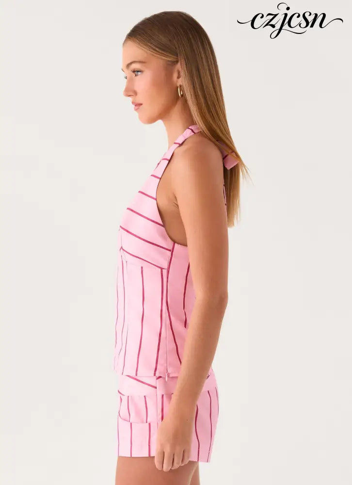 Rhydan Halter Top - Strawberry Stripe - Halter Tops