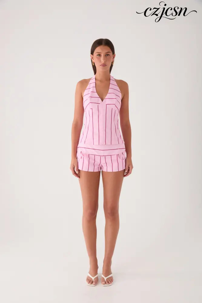 Rhydan Halter Top - Strawberry Stripe - Halter Tops