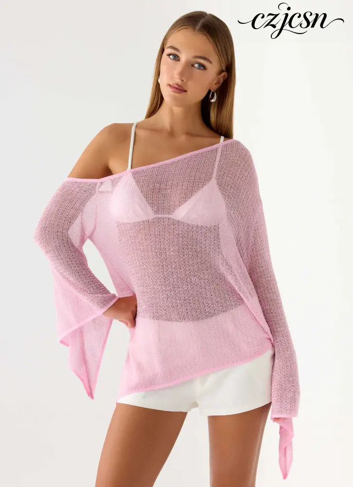 Telling Me Shimmer Knit Top - Pink - Knit Tops