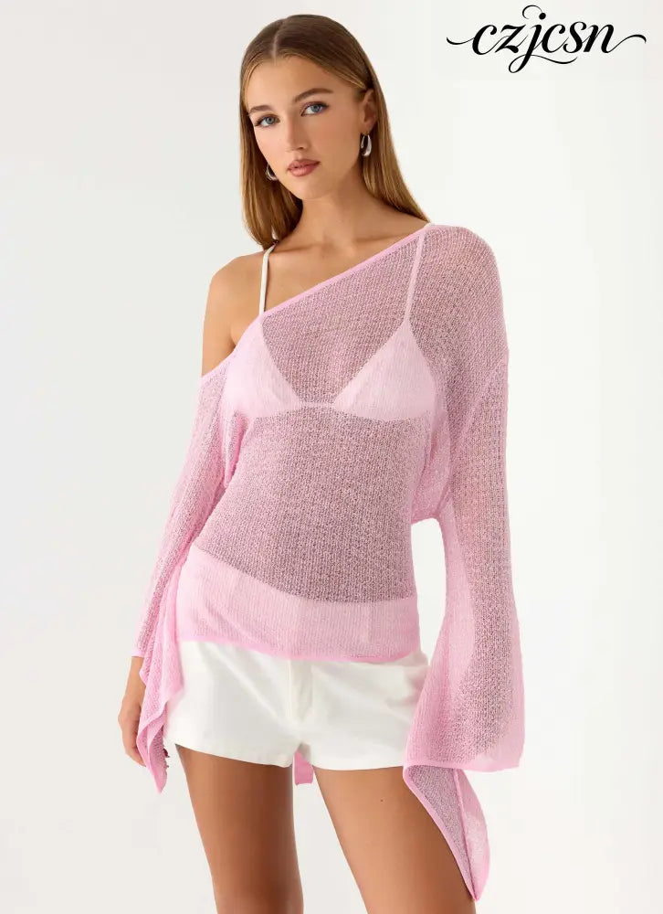 Telling Me Shimmer Knit Top - Pink - Knit Tops