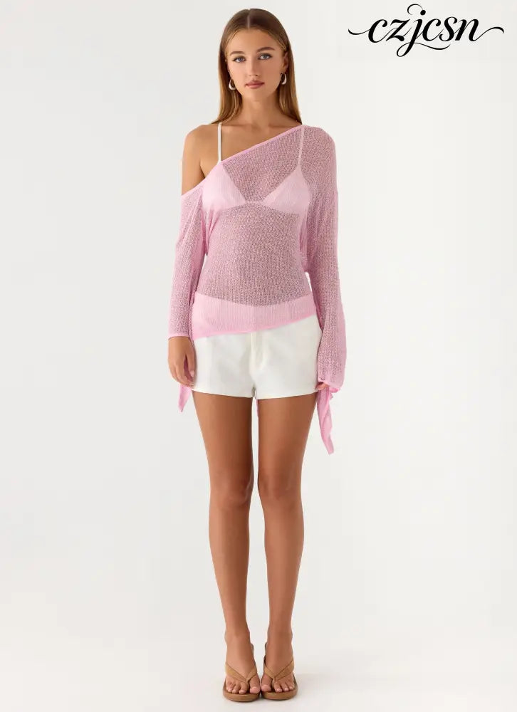 Telling Me Shimmer Knit Top - Pink - Knit Tops